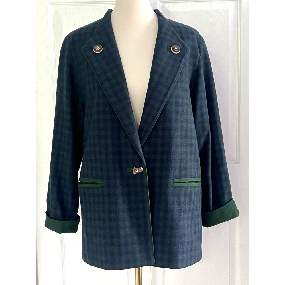 Steinbock Wool Blend Green Blue Plaid Buttoned Blazer Coat sz 6 Made in Austria